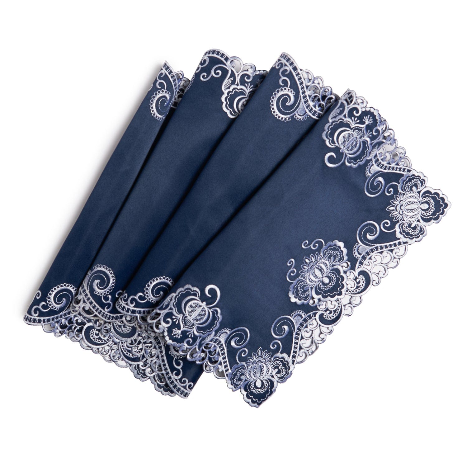 Paramount Midnight Blue Satin With White Embroidery Table Runner