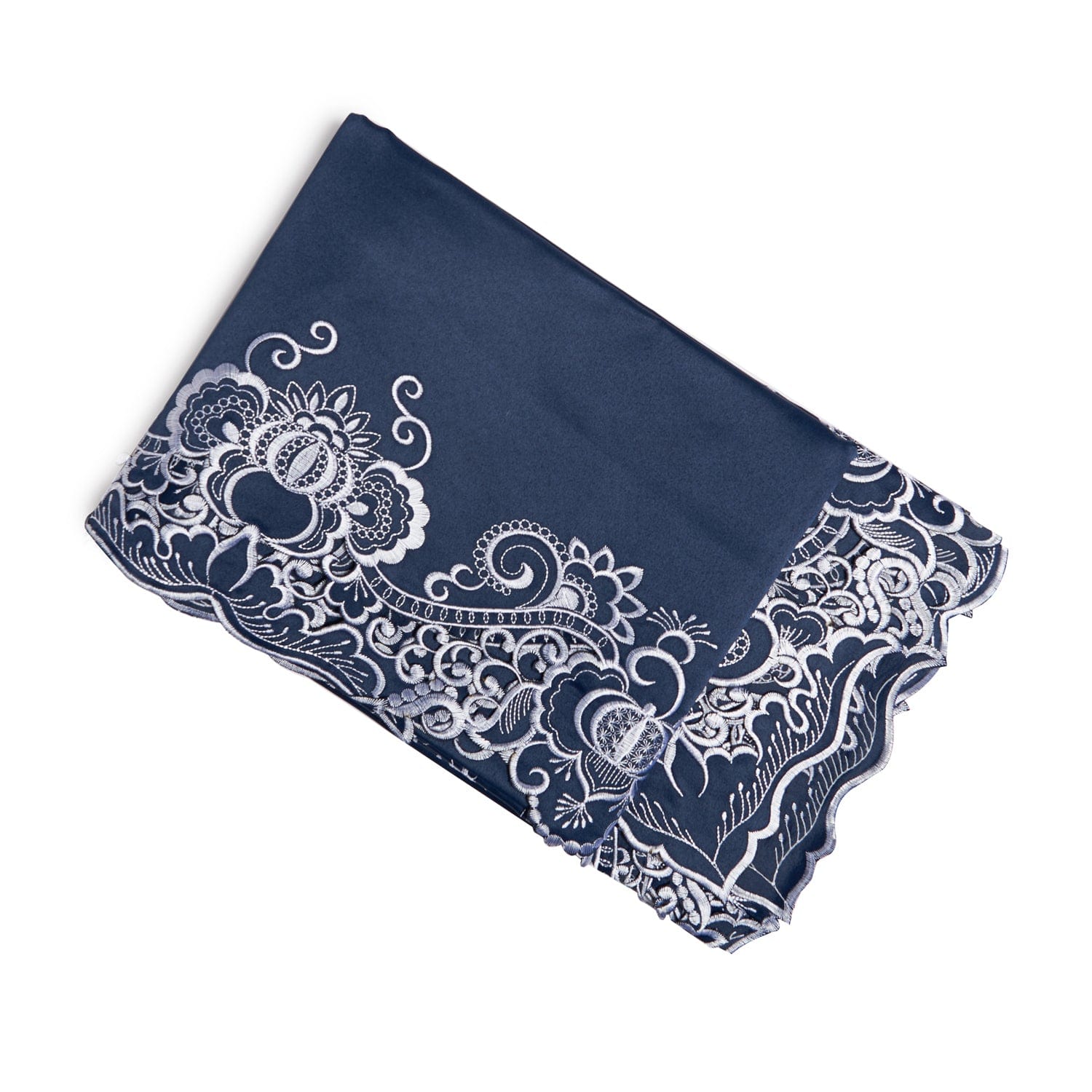 Paramount Midnight Blue Satin With White Embroidery Tablecloth