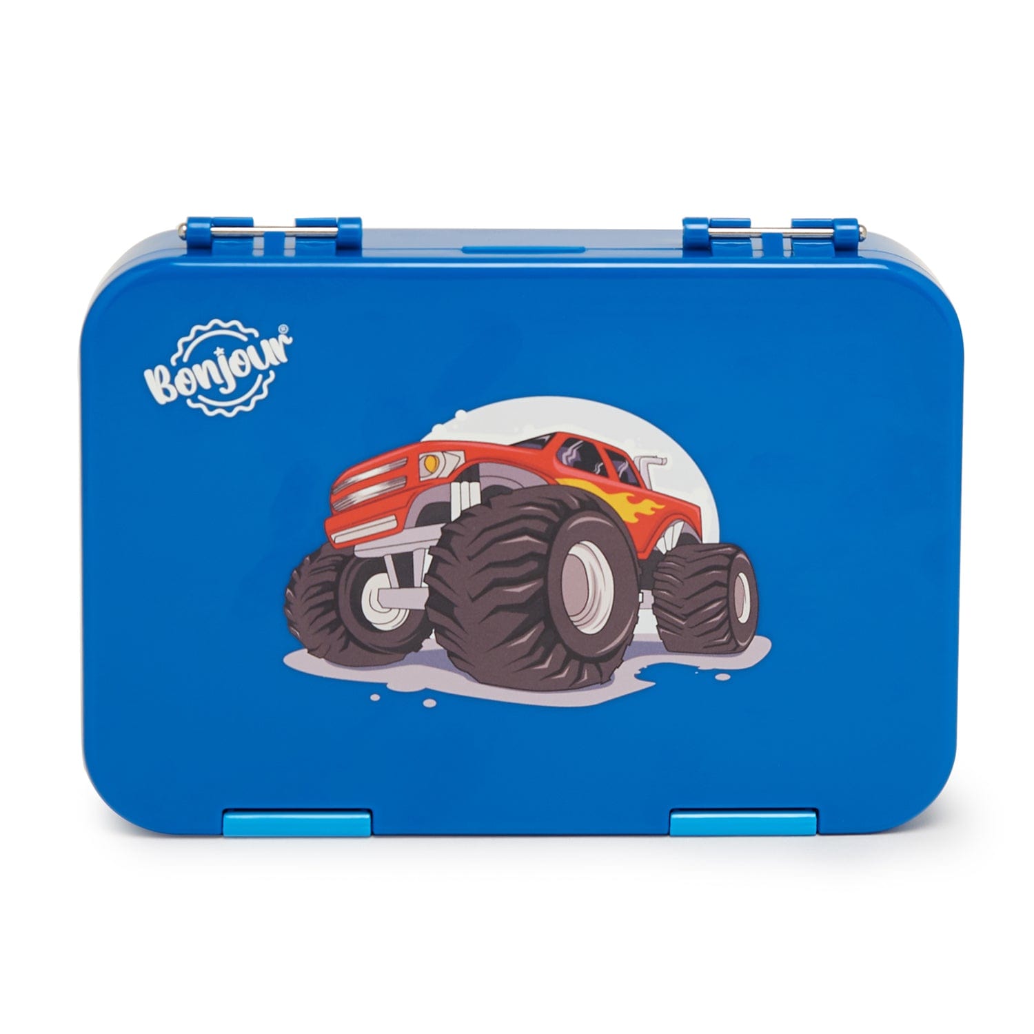 BONJOUR RECTANGULAR MINI LUNCH BOX 6/4 COMPARTMENT BLUE MONSTER TRUCK