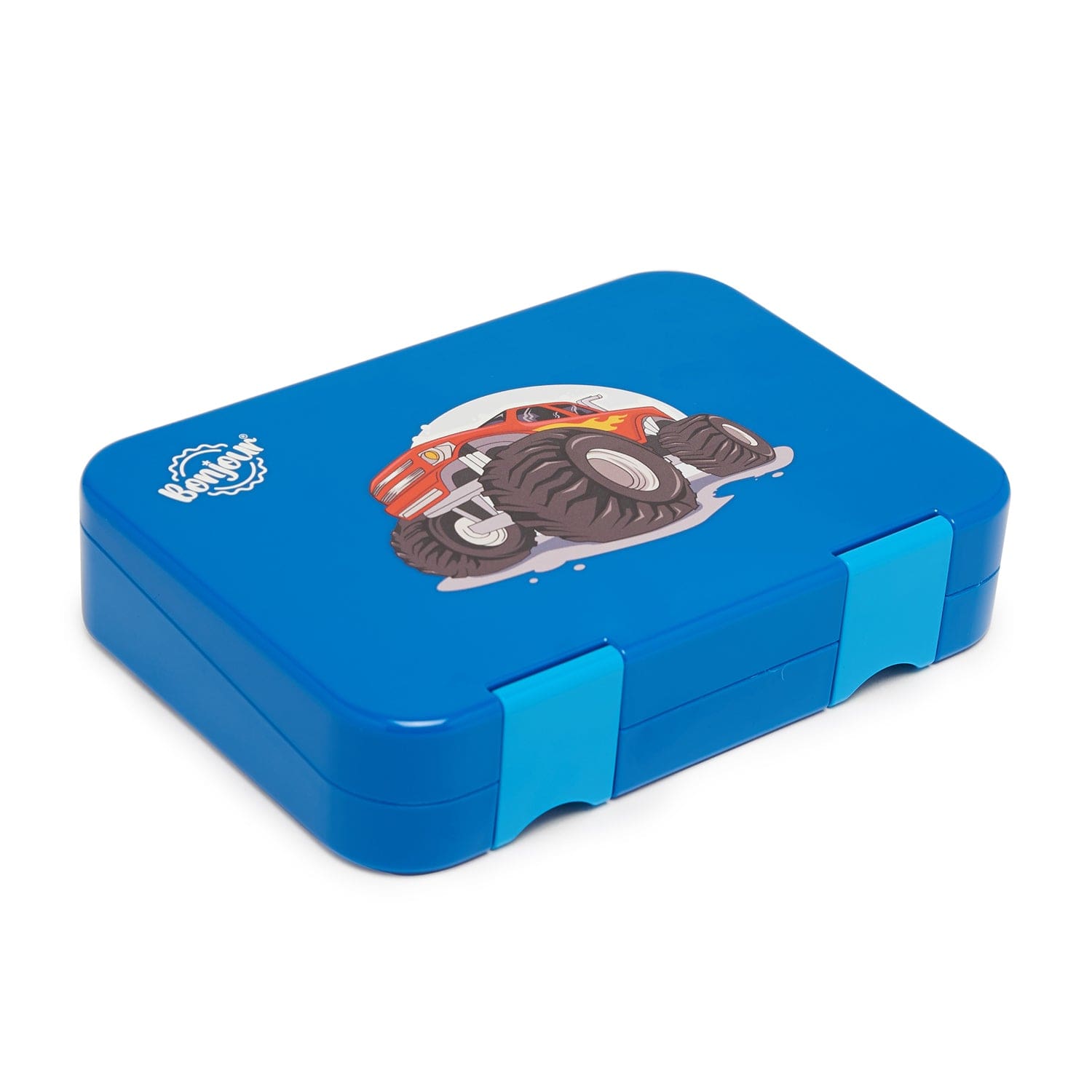 BONJOUR RECTANGULAR MINI LUNCH BOX 6/4 COMPARTMENT BLUE MONSTER TRUCK