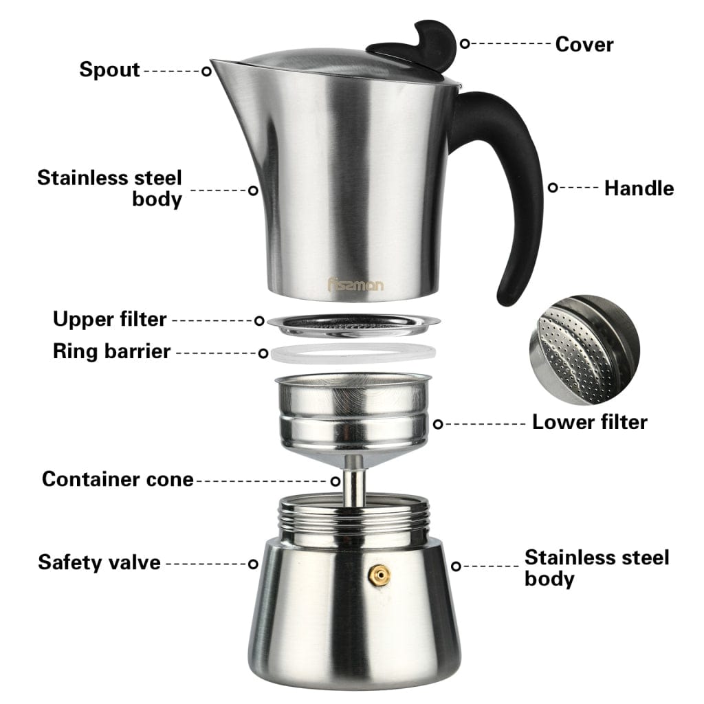 Fissman Espresso Maker Stainless Steel Stovetop For 6 Cups Silver/Black 360ml