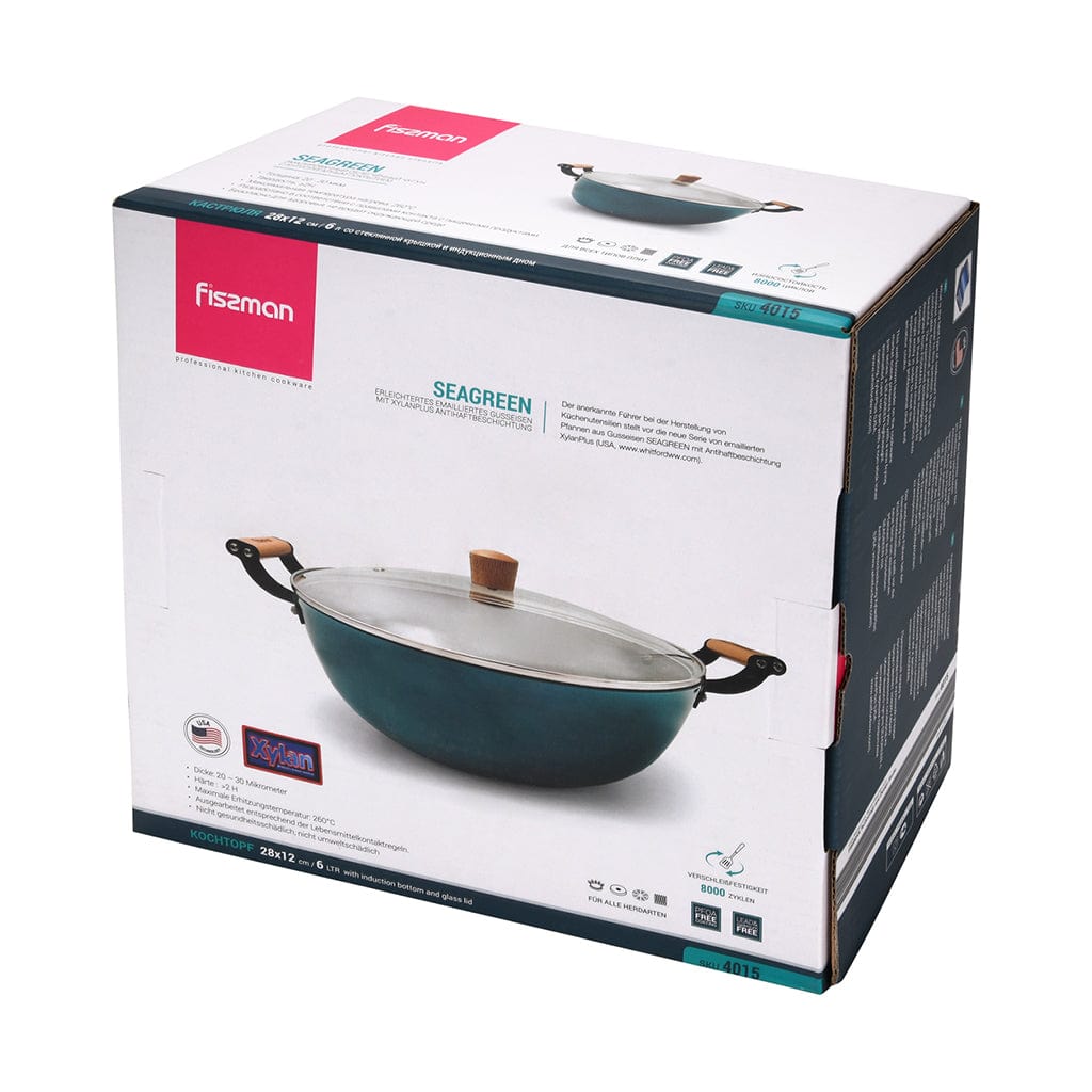Fissman Stockpot Seagreen Series Series With Glass Lid Enamelled Lightweight Cast Iron With Non-Stick Coating 28x12cm/6LTR