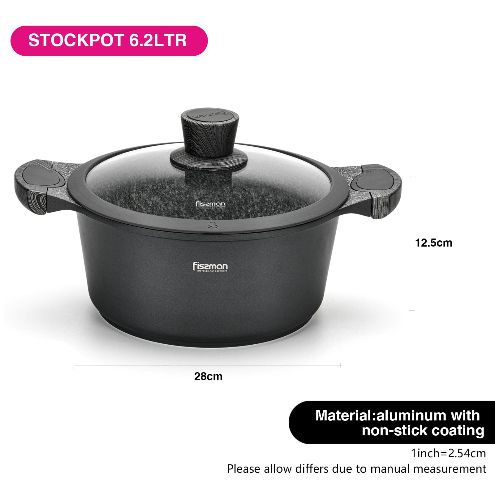 Fissman Aluminium Prestige Series Non-Stick Casserole With Lid 6.2 Ltr Black/Clear 28x12.5cm