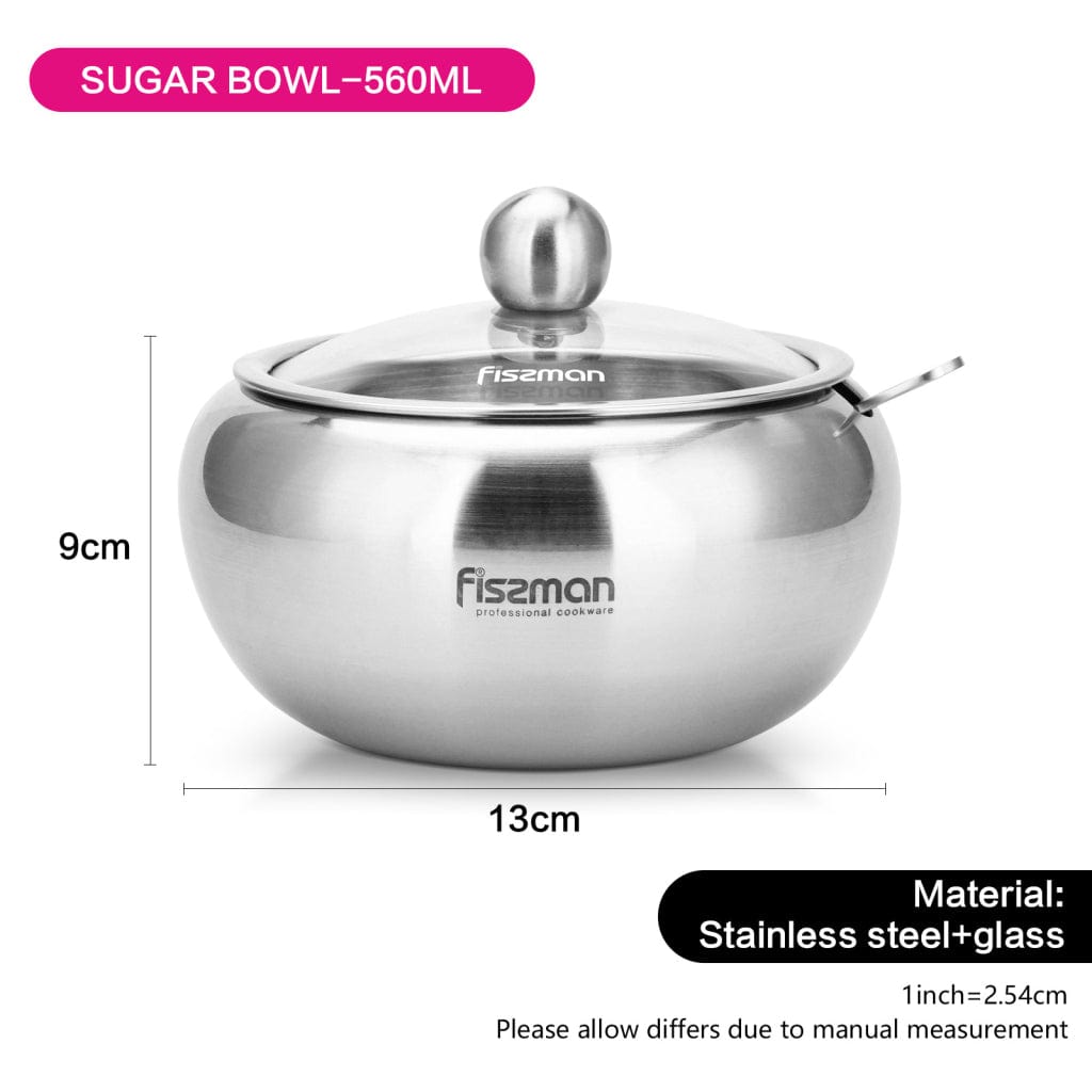 Fissman Sugar Bowl with Glass Lid and Spoon Stainless Steel Silver 560ml