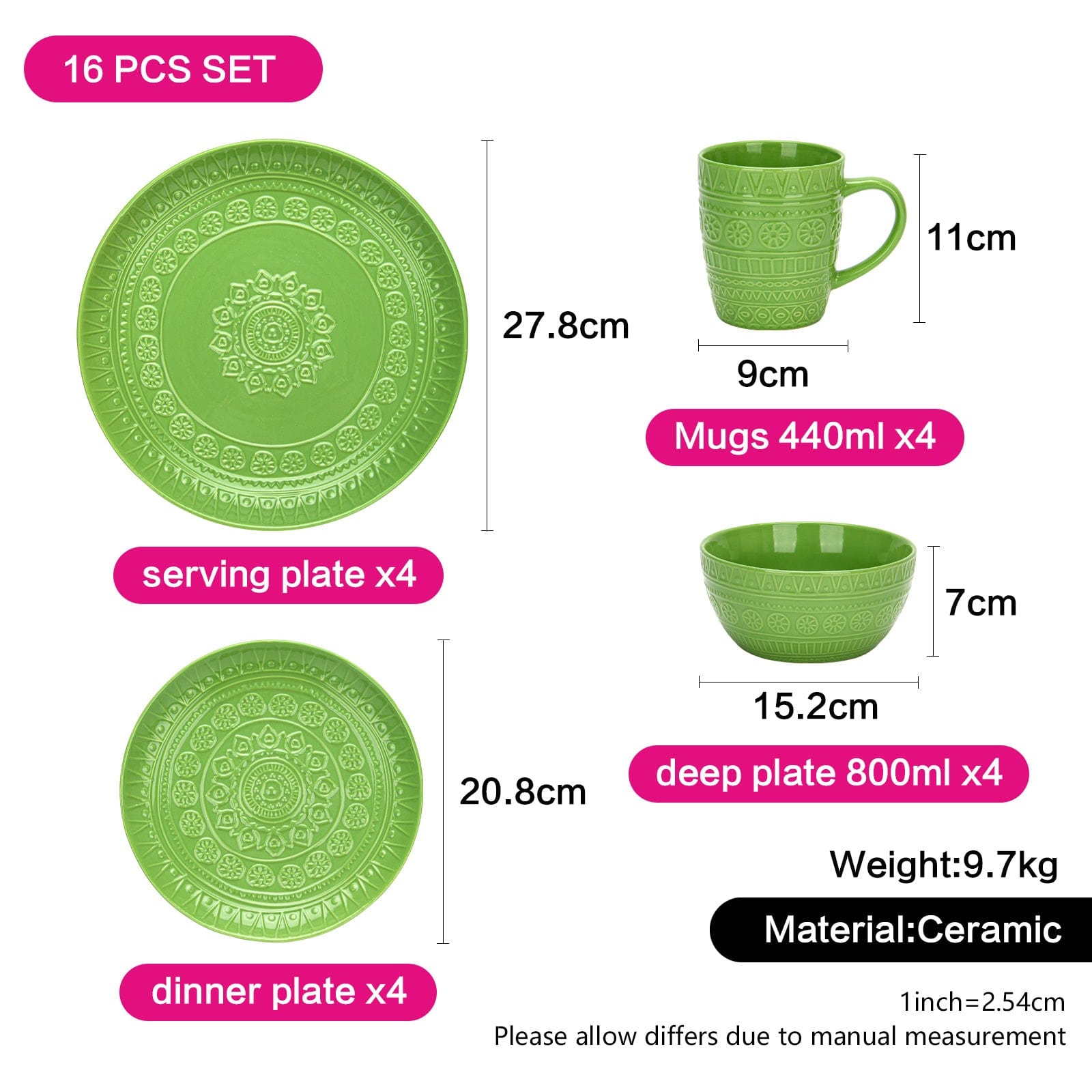 Fissman 16pcs Set of Dinnerware Motif Series  Green (Ceramic)