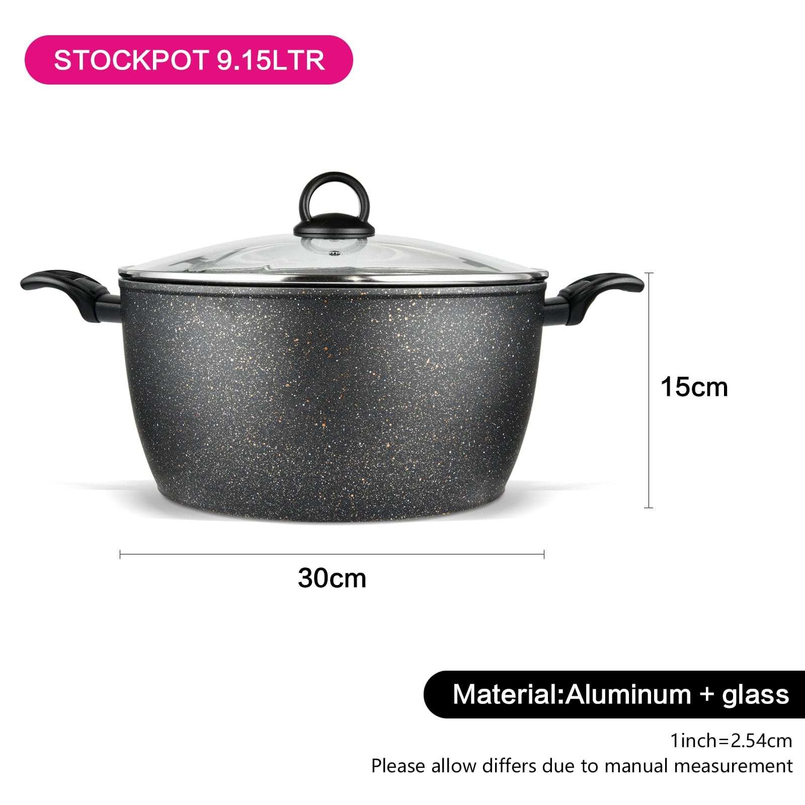 Fissman Stockpot Magna Series Aluminum TouchStone Coating With Induction Bottom And Glass Lid For All Types Of Stoves Black 30x15cm/9.5LTR