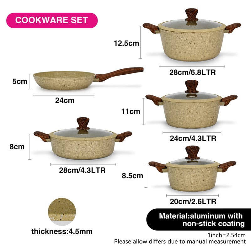 Fissman 9-Piece Cookware Set Radiant Cream Casserole With Glass Lid 20X8.5 Cm. Casserole With Glass Lid 24X11 Cm. Casserole With Glass Lid 28X12.5 Cm. Shallow Pot With Glass Lid 28X8 Cm. Frying Pan 24X5Cm