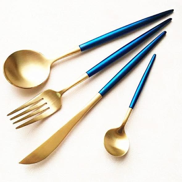 Aish Home Set Of 16 Peony Blue And Gold Cutlery Set - A006