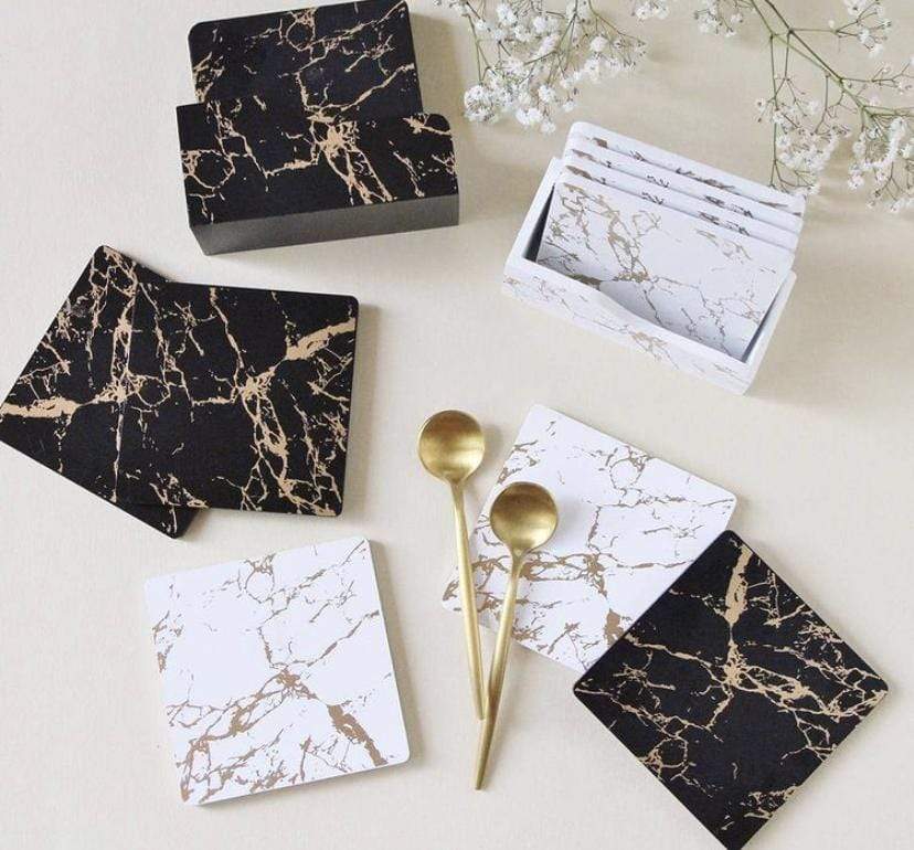 Aish Home Set Of 6 Marble Wooden Coasters With Stand White and Gold - A029