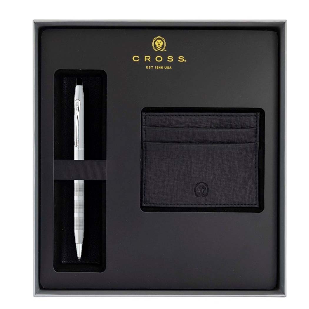 CROSS CLASSIC CENTURY BRUSHED CHROME BALLPOINT PEN + WITH FREE CREDIT CARD CASE IN CUSTOMIZED GIFT BOX - AC295-1+AT0082-14