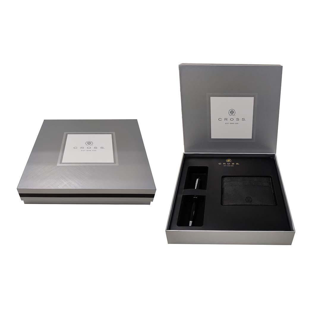 قلم حبر جاف ستان أسود من كروس ستراتفورد + مع علبة بطاقة ائتمان مجانية في صندوق هدايا مخصص - AT0172-3+AC295-1