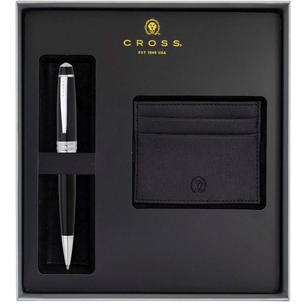 CROSS BAILEY BLACK LACQUER BALLPOINT PEN WITH FREE CREDIT CASE IN CUSTOMIZED GIFT BOX - AC295-1+AT0452-7