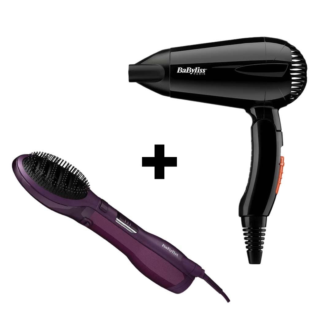 BABYLISS PADDLE AIRBRUSH 1000W + DC DRYER 2000W BLACK TRAVEL DUAL VOLTAGE FAST DRYING 2 HEAT/ SPEED SETTINGS NOZZLE FOLDING HANDLE LIGHT - AS115PSDE+5344SDE