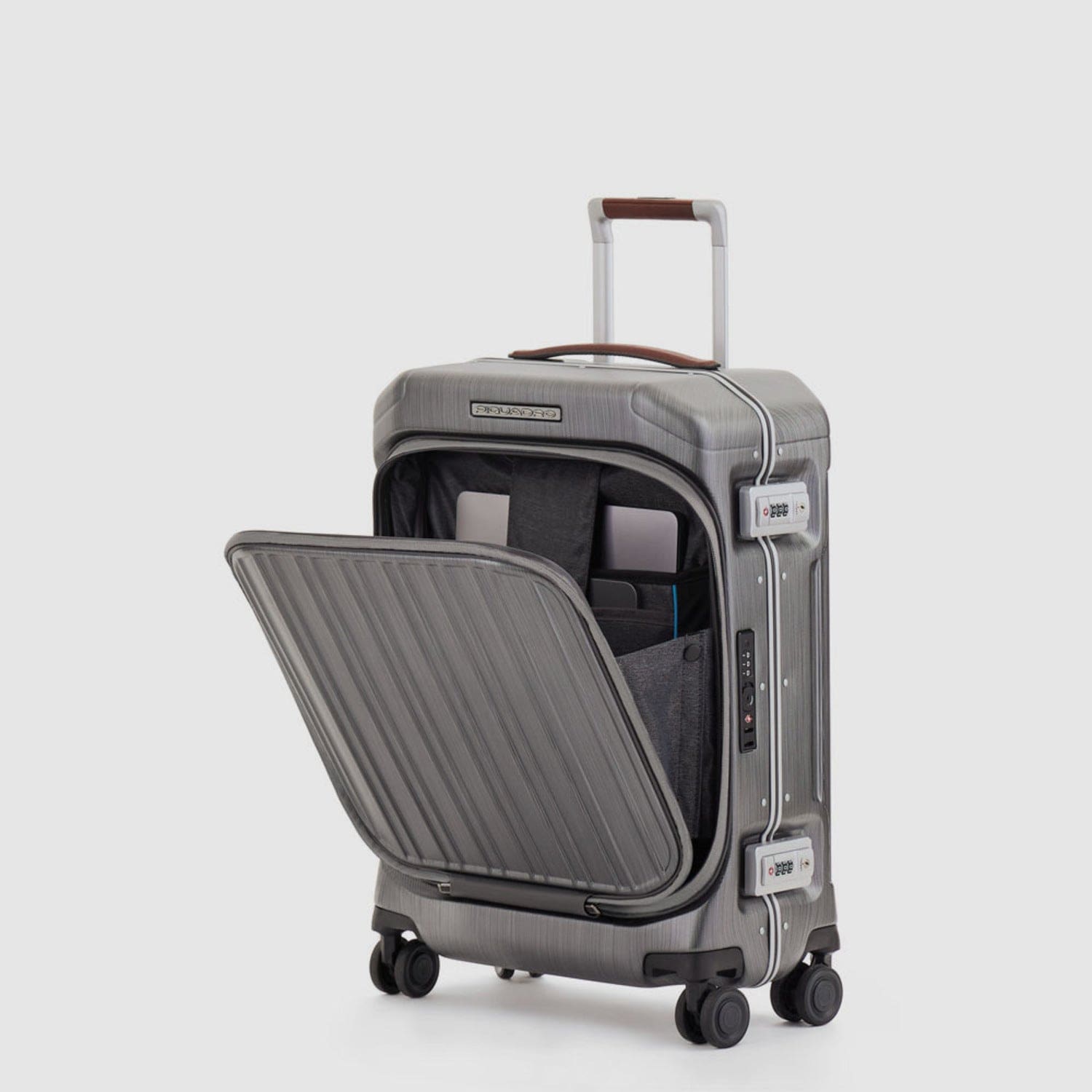 Piquadro Pqlm-Frame 55Cm Fast-Check With Compute Holder Hardcase 4 Double Wheel Cabin Luggage Trolley Black / Light Brown - Bv4426Pqlm/Ncu