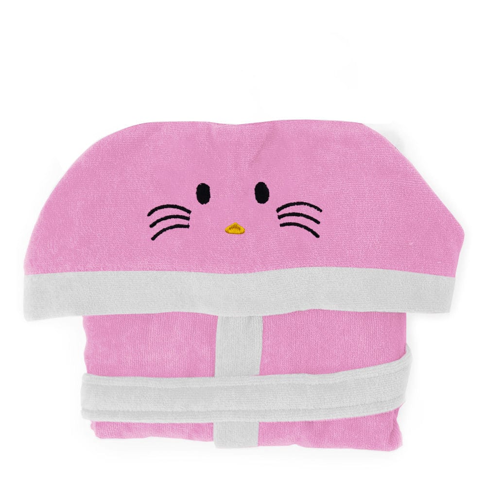 Cotton Home Kitty Embroidered Kids Bathrobe with Hood and Tie Up Belt Pink