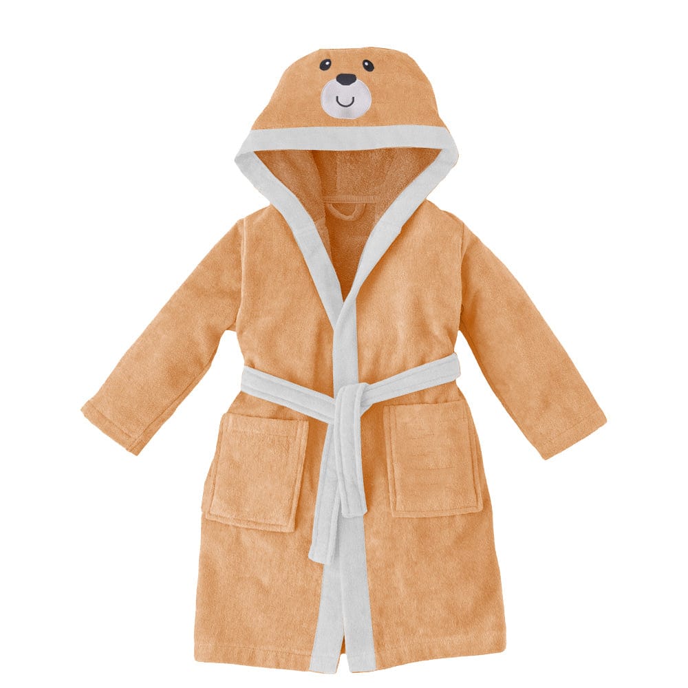 Cotton Home Bear Embroidered Kids Bathrobe with Hood and Tie Up Belt Peach