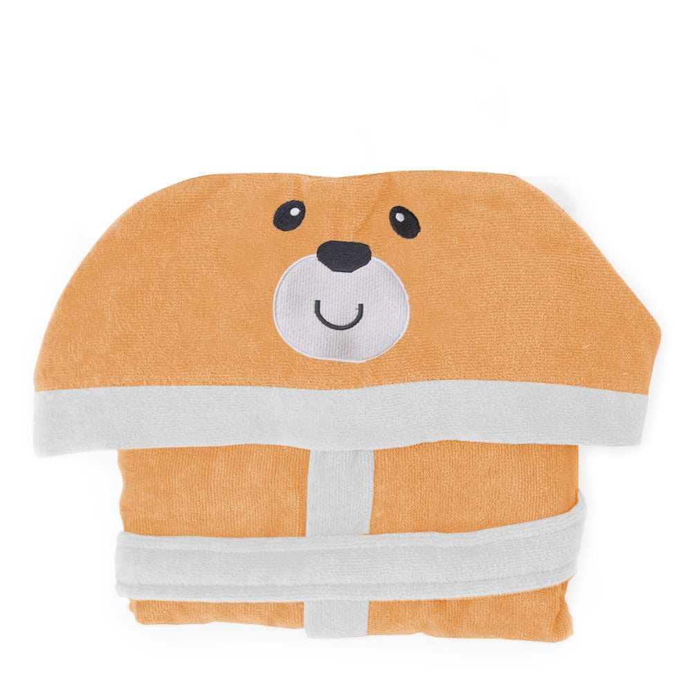 Cotton Home Bear Embroidered Kids Bathrobe with Hood and Tie Up Belt Peach
