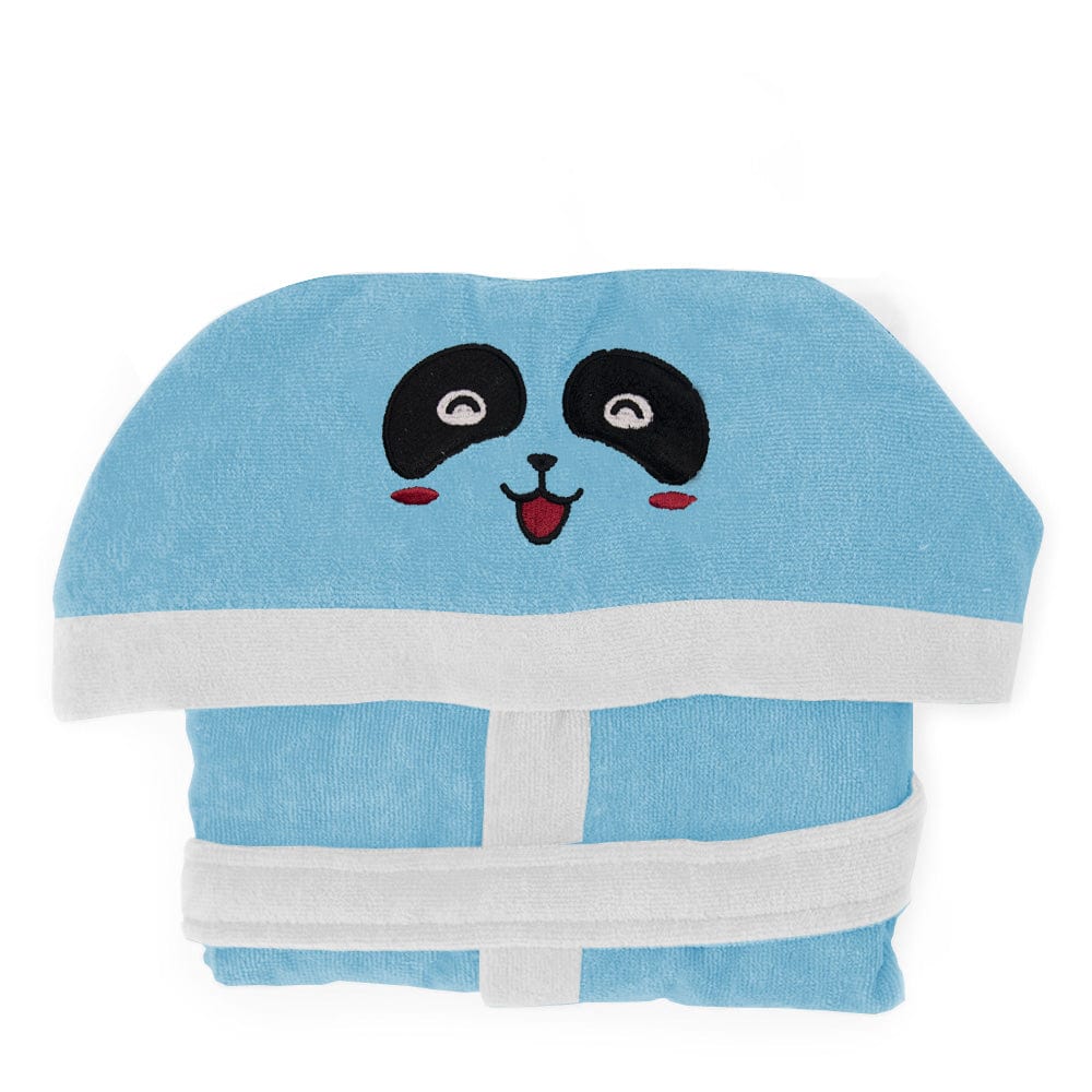 Cotton Home Panda Embroidered Kids Bathrobe with Hood and Tie Up Belt Aqua
