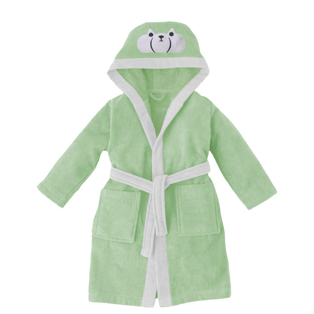 Cotton Home Polar Bear Embroidered Kids Bathrobe with Hood and Tie Up Belt Mint Green