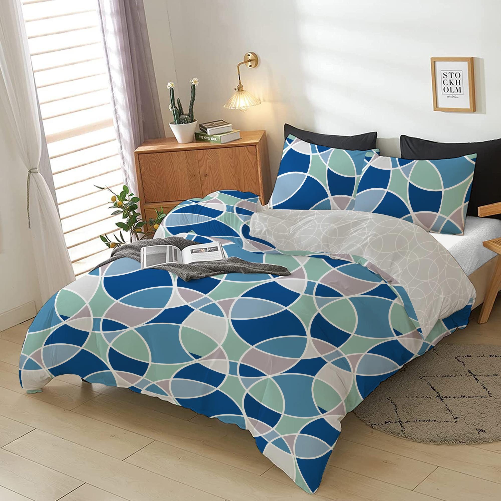 Cotton Home 4-Piece Luxury Cotton Comforter Set Bauhaus Print Blue
