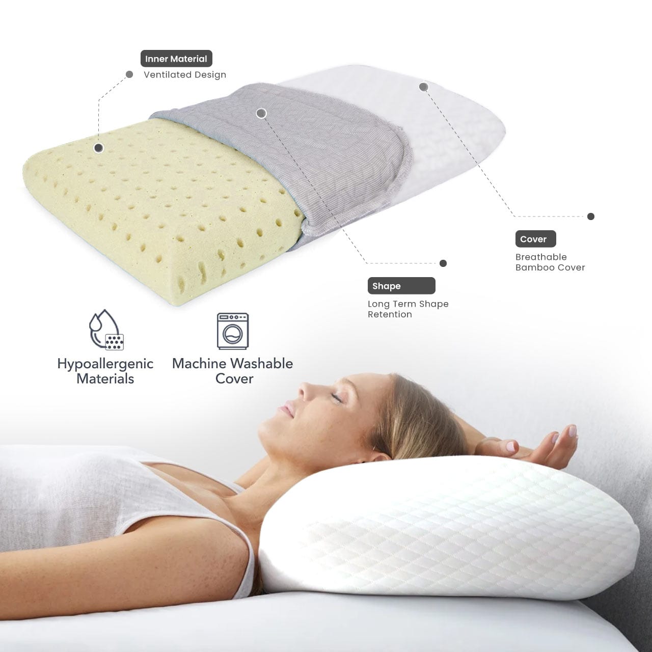Cotton Home Venus Breathable Memory Foam Pillow Anti-stress Fabric White