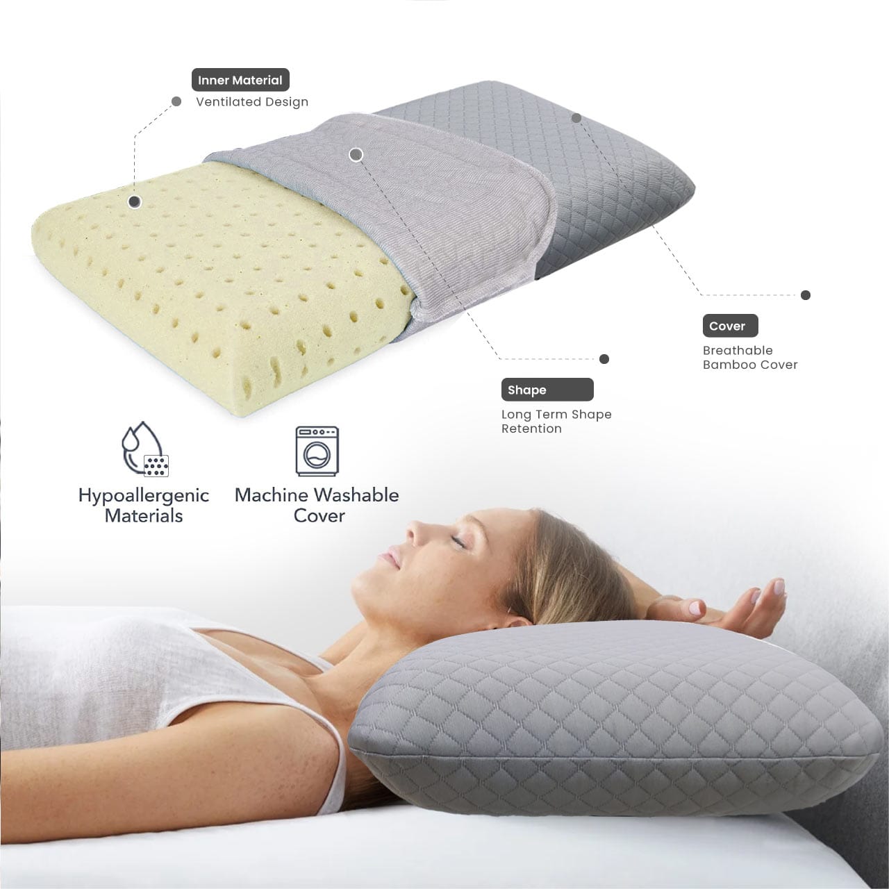 Cotton Home Venus Breathable surface Memory Foam Pillow Anti-stress Fabric Grey