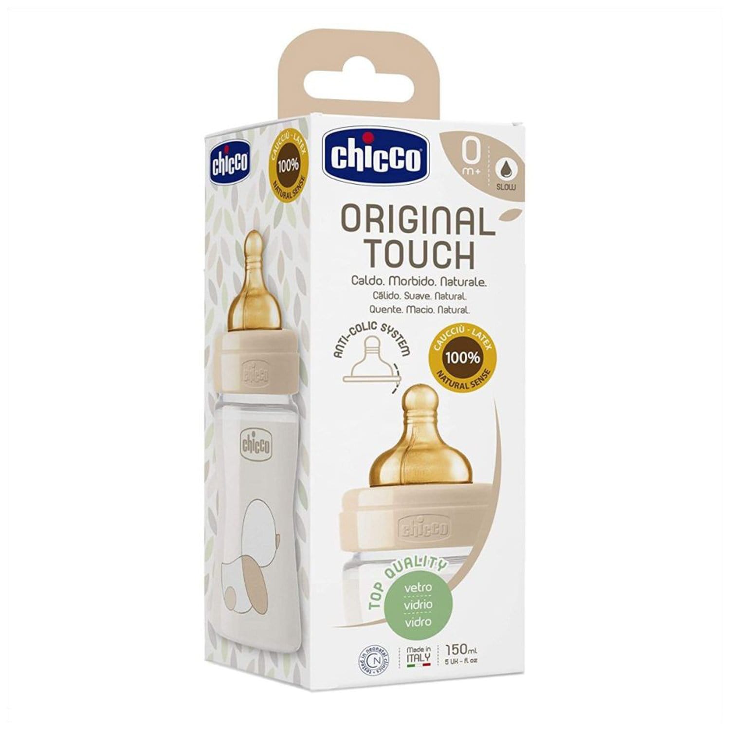 CHICCO ORIGINAL TOUCH GLASS BOTTLE 150ML SLOW FLOW 0M+ LATEX NEUTRAL