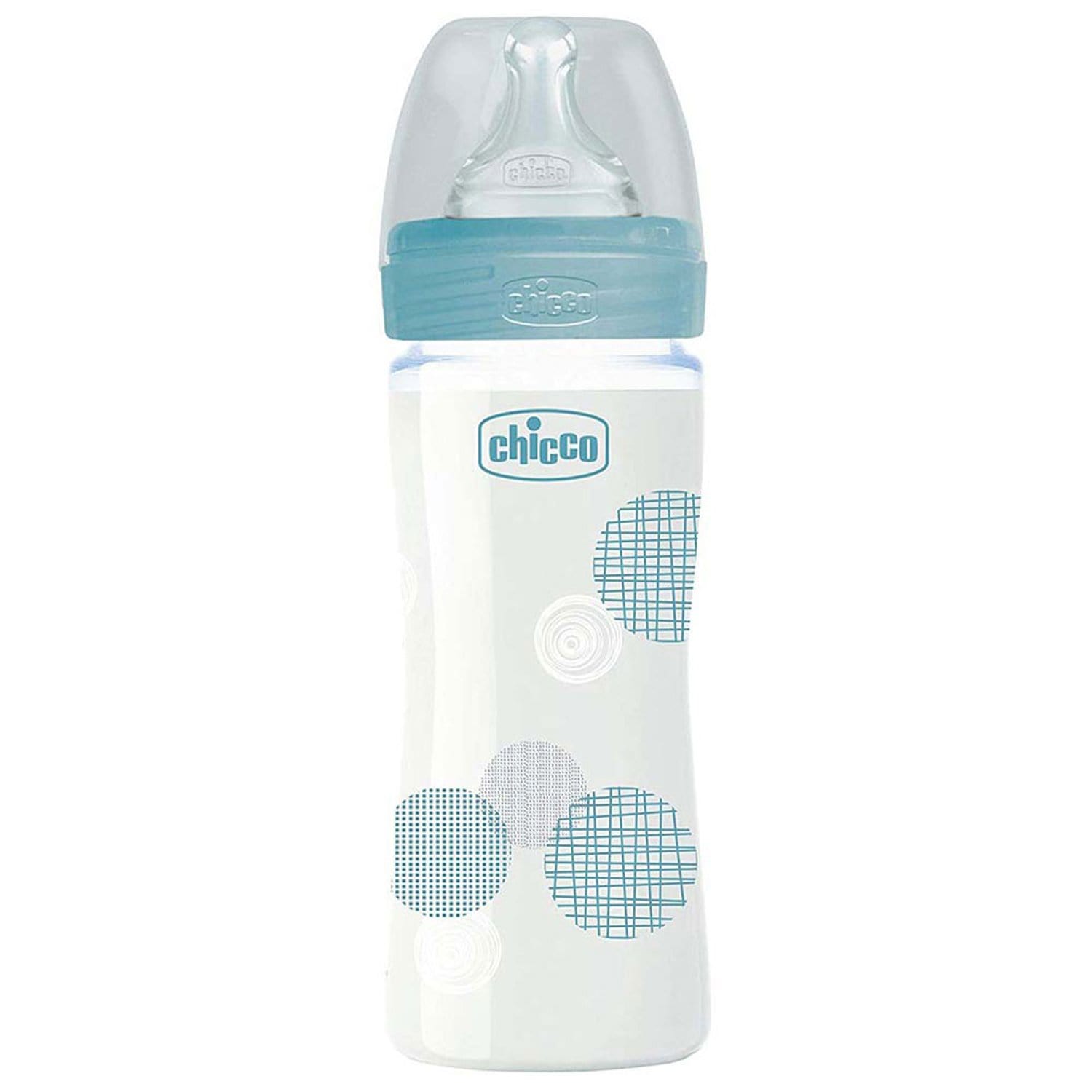 CHICCO WELL-BEING GLASS BOTTLE 240ML SLOW FLOW 0M+ SILICONE BLUE