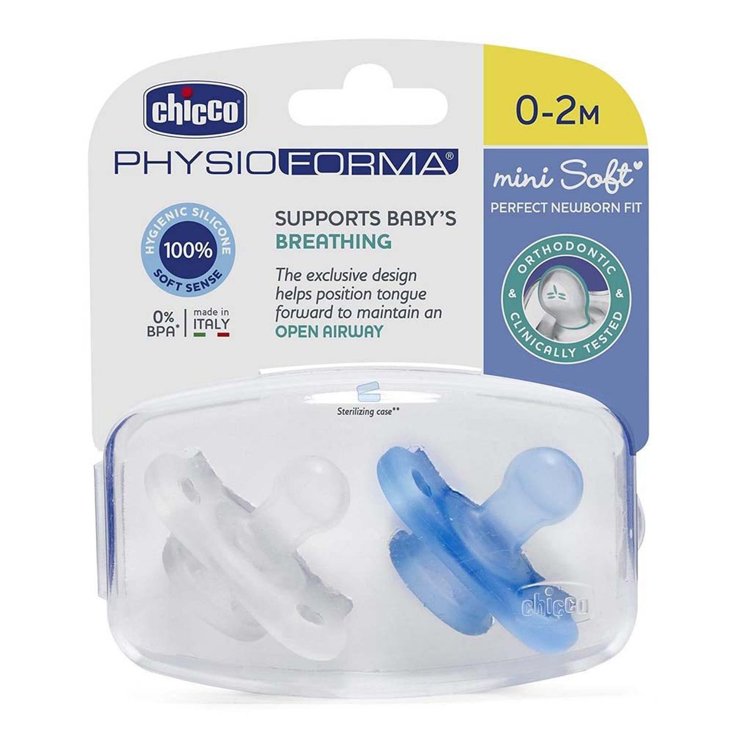 CHICCO PHYSIOFORMA¿ MINI SOFT SILICONE SOOTHER 0-2M 2PCS  BLUE