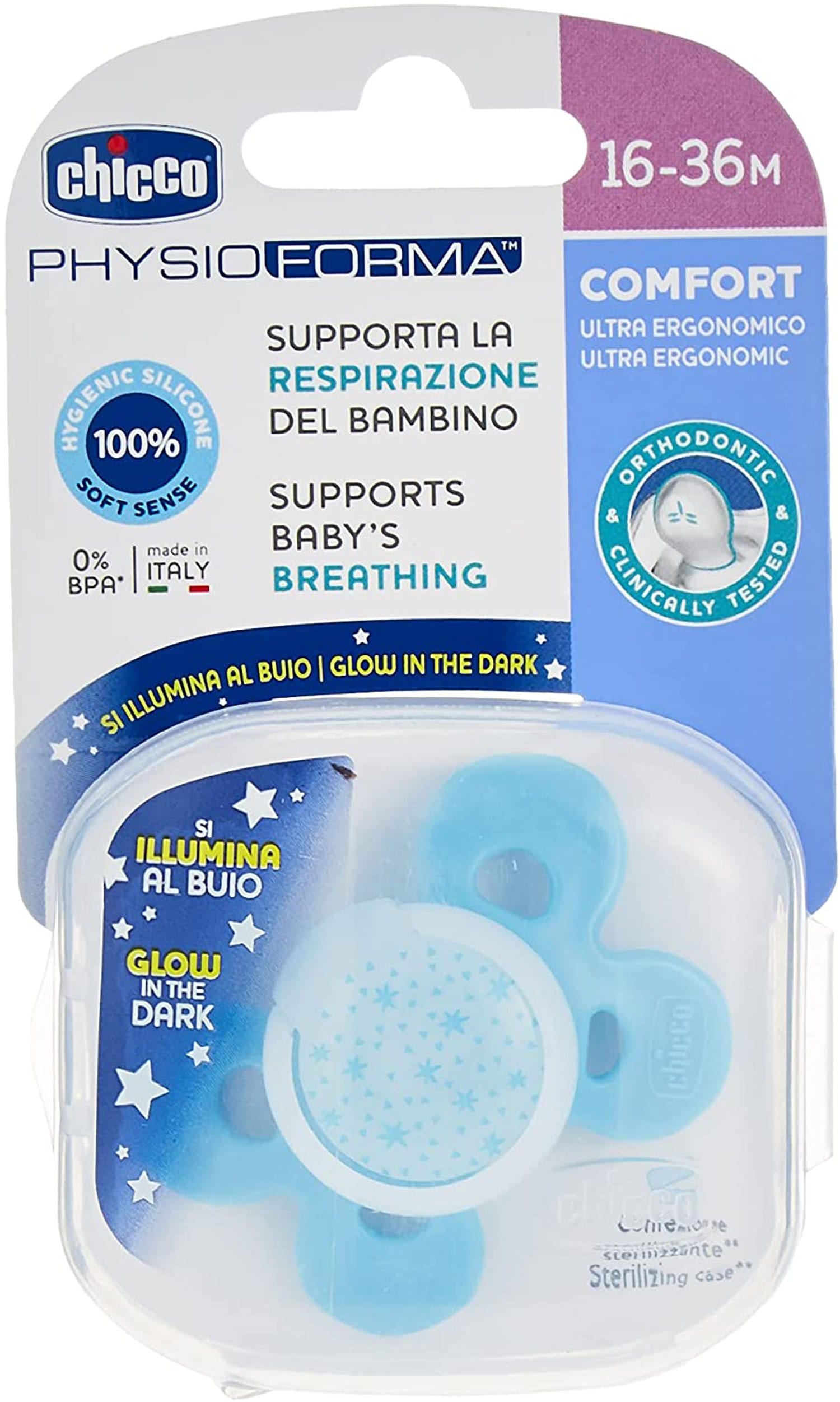CHICCO PHYSIOFORMA COMFORT SILICONE BABY PACIFIER 16-36M 1 PC LUMI NIGHT