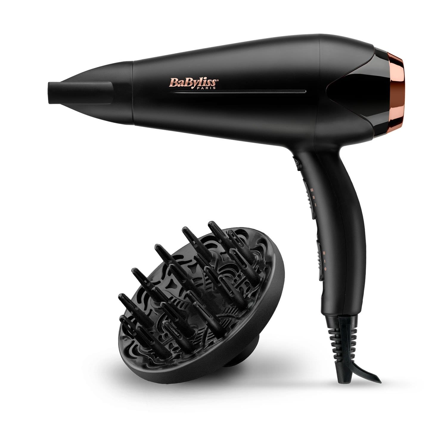 BABYLISS DC DRYER 2200W BLACK GLD IONIC DIFFUSER 3 HEAT 2 SPEED COOL SHOT SLIM NOZZLE - D570DSDE