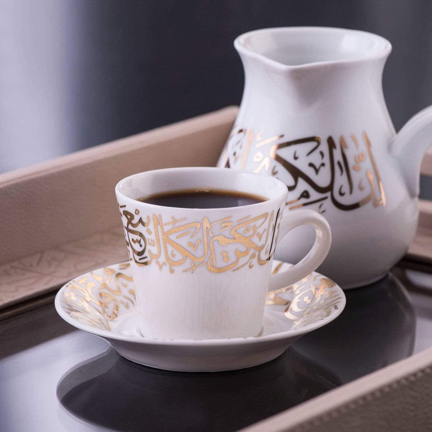 Dimlaj Kareem Coffee Cup and Saucer Set - White and Gold, 12 Pieces - 46666 - Jashanmal Home