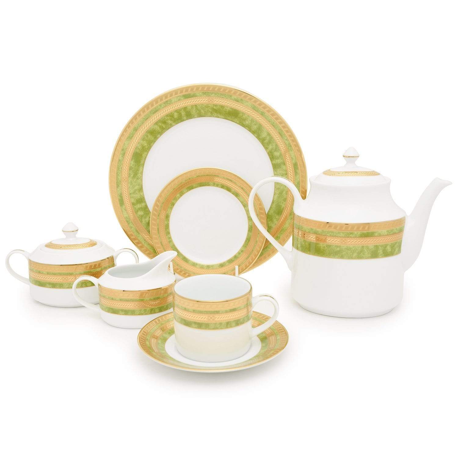 Dankotuwa Porcelain Berlinda Tea Set - Light Green and Gold, 24 Piece - BERGRN-24TS - Jashanmal Home
