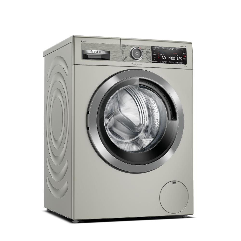 Bosch Series | 8 washing machine, front loader 9 kg 1400 rpm, HomeConnect- Remote Monitoring and Control, Touch control buttons, Silver inox- WAV28KHXGC 1 Year Manufacturing Warranty