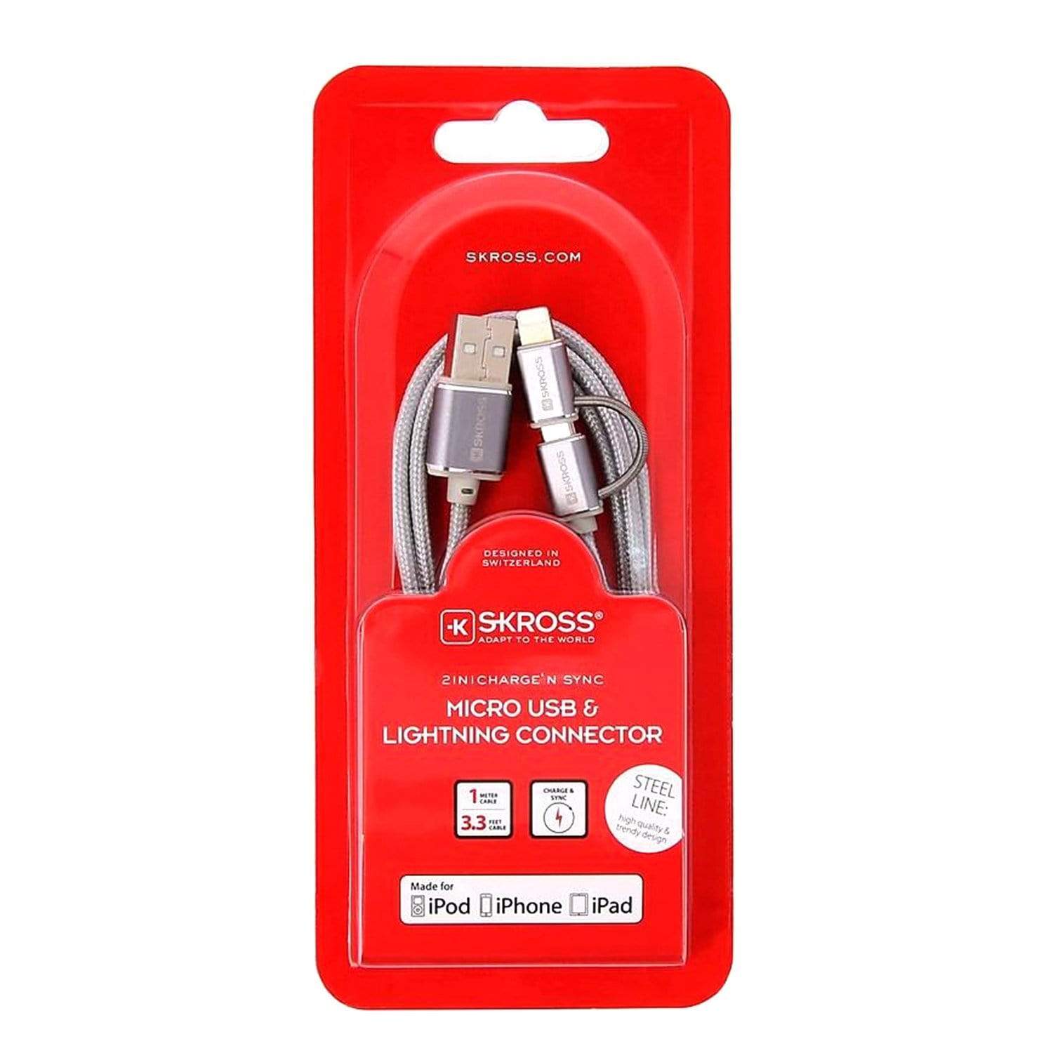 Skross Steel Line 2 in 1 Charge N Sync Micro USB Cable with Lightning Connector - Silver - 2700241 - Jashanmal Home