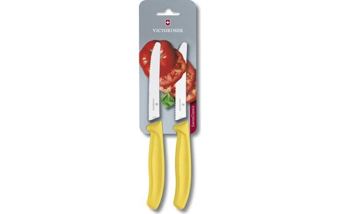 VICTORINOX SWISS CLASSIC 2PIECES TOMATO & TABLE PARING KNIFE WAVY EDGE YELLOW NYLON HANDLE BLADE 11CM  - 6.7836.L118B